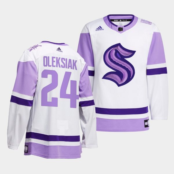 Seattle Kraken Jamie Oleksiak HockeyFightsCancer White Jersey Seattle Kraken Jamie Oleksiak HockeyFightsCancer White Jersey