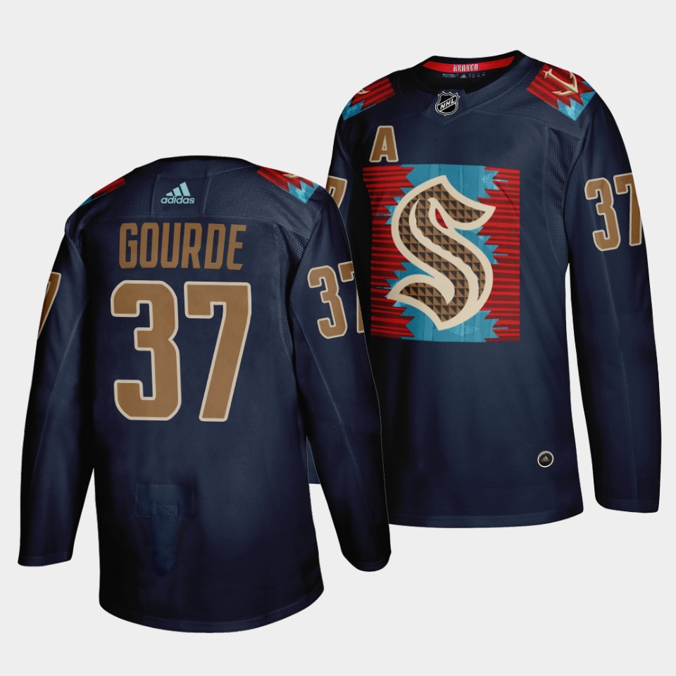 Seattle Kraken Yanni Gourde Karuk Art-inspired Blue Jersey Seattle Kraken Yanni Gourde Karuk Art-inspired Blue Jersey
