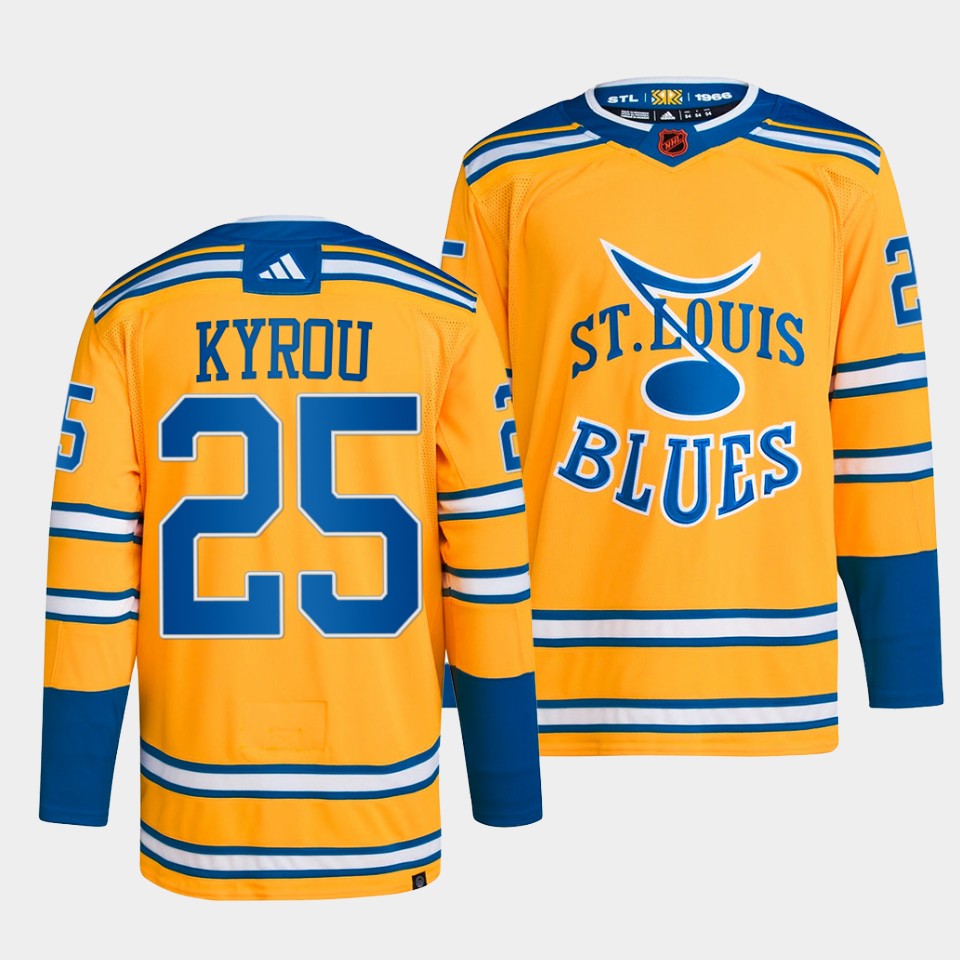 St. Louis Blues Jordan Kyrou Reverse Yellow Jersey St. Louis Blues Jordan Kyrou Reverse Yellow Jersey