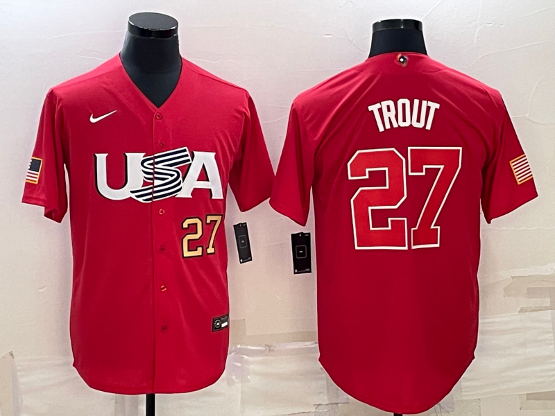 USA Mike Trout Red Gold 2023 World Baseball Classic Jersey USA Mike Trout Red Gold 2023 World Baseball Classic Jersey