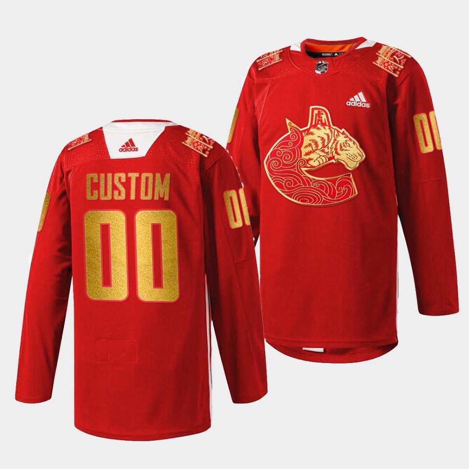 Vancouver Canucks Custom Lunar New Year Red Tiger Warmup Jersey Vancouver Canucks Custom Lunar New Year Red Tiger Warmup Jersey