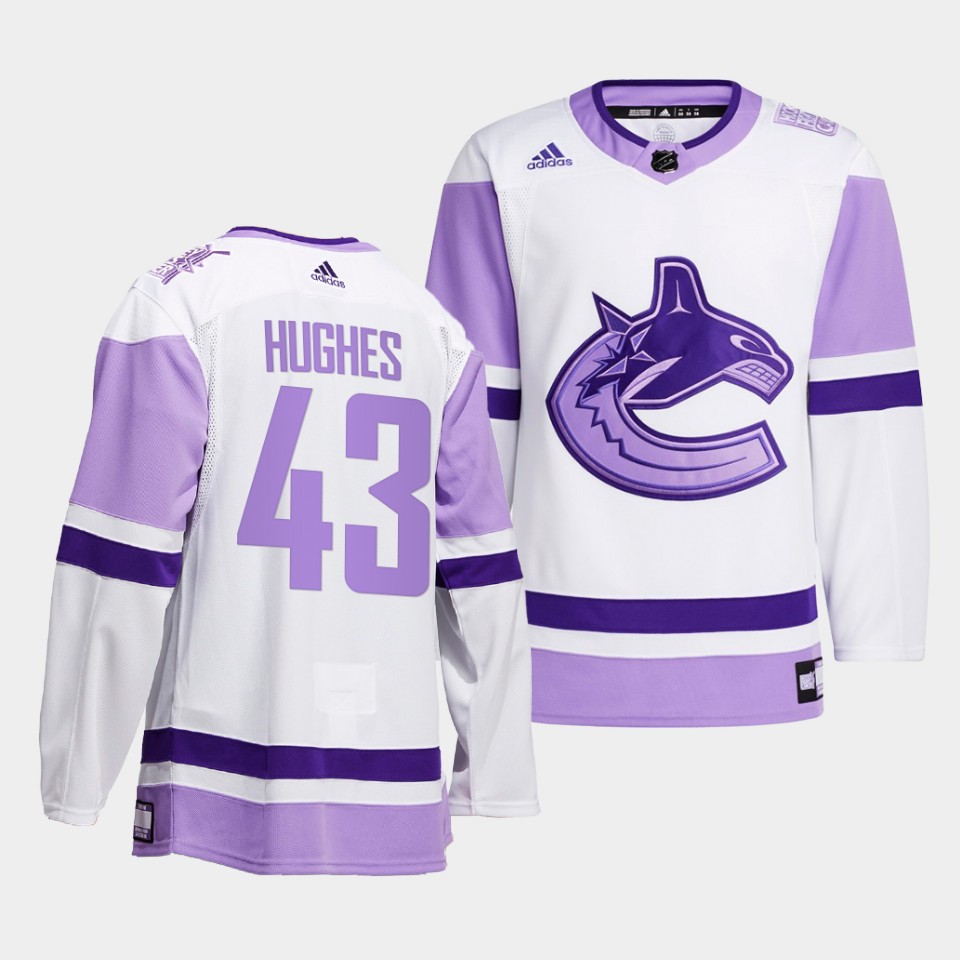 Vancouver Canucks Quinn Hughes HockeyFightsCancer White Jersey Vancouver Canucks Quinn Hughes HockeyFightsCancer White Jersey