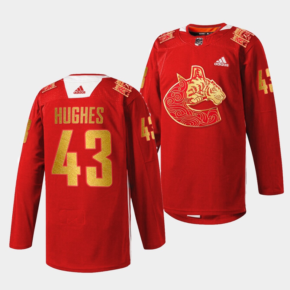 Vancouver Canucks Quinn Hughes Lunar New Year Red Tiger Jersey Vancouver Canucks Quinn Hughes Lunar New Year Red Tiger Jersey
